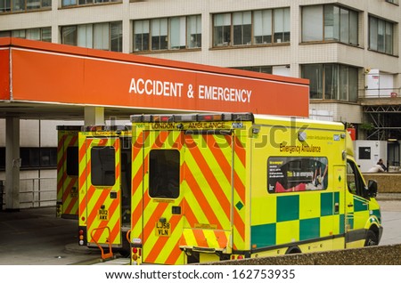 London, England - September 21: Ambulances Outside The Accident And Emergency Entrance Of St Thomas\' Hospital In Central London On September 21, 2013. Pressure On The Nhs Is Increasing This Winter.