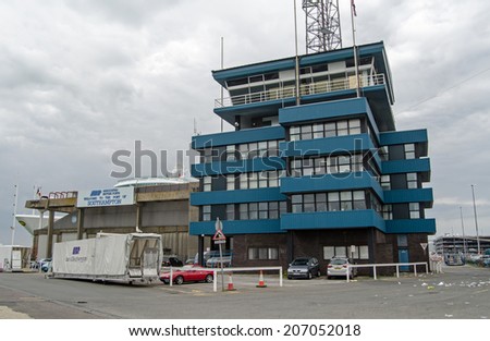 SOUTHAMPTON, UK - MAY 31, 2014: Harbour Master and administrative offices at Southampton Docks, Hampshire.  Run by Associated British Ports, the harbour has both freight and passenger terminals.