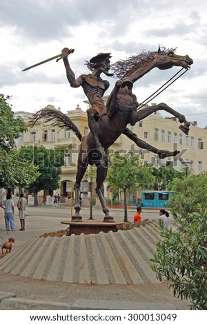 HAVANA, CUBA - NOVEMBER 19, 2005: Statue of the fictional character Don Quixote from the novel by Cervantes in the Vedado district of Havana, Cuba.