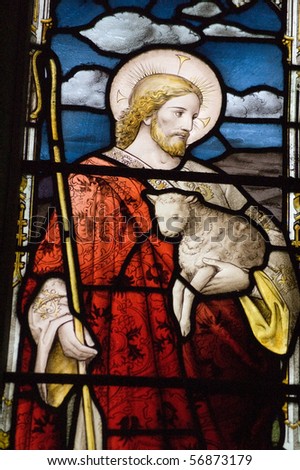Christ and the lamb stained glass window A Victorian stained glass window, over 100 years old, showing Jesus Christ and the Lamb of God.  Church in Dorset, England.