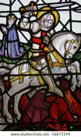St George and the Dragon stained glass window A victorian stained glass window depicting Saint George slaying a dragon.