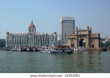Colaba, Mumbai from the sea A view of the magnificent Gateway to India beside the Taj hotel and Tower hotel viewed from the harbour at Mumbai (formerly Bombay).