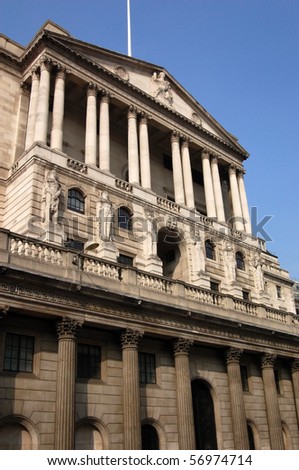 'Bank of England' View of the facade of the 'Bank of England' which controls the supply of money and other economic policies in the UK.