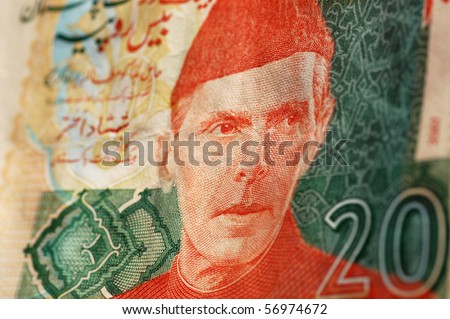 A twenty rupee banknote from Pakistan with the focus on the image of Muhammad Ali Jinnah, the country\'s first Governor-General and considered by many as the founder of Pakistan.
