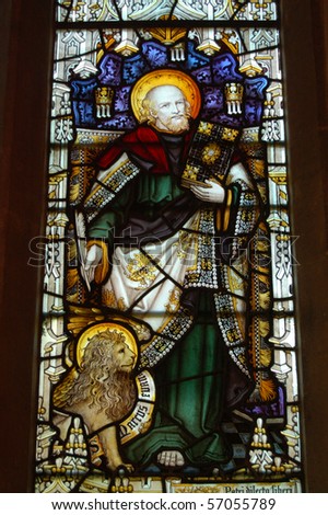 Saint Mark stained glass window A Victorian stained glass window showing Saint Mark with his attribute - a lion.  On public display in Saint Nicholas Church, Chawton, Hampshire