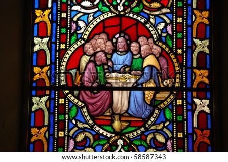 Last Supper Victorian stained glass window depicting the Last Supper.  Window created in the mid 19th century for the church of St Boniface in Bonchurch, Isle of Wight
