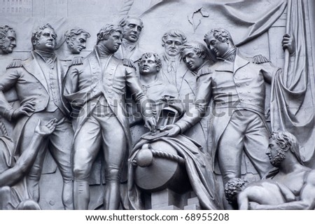 Bronze frieze at the base of Nelson\'s Column in Trafalgar Square showing a scene from the Battle of Copenhagen in 1801.