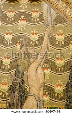 A mosaic depicting the Sword of God, the legendary weapon of Attila the Hun.  Outer wall of the Hungarian Pavillion in the Giardini, Venice Italy.  In Hungarian the legend is called az Isten kardja.