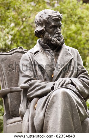 Bronze state of the historian Thomas Carlyle (1795 - 1881) in Chelsea, London.  The statue by Edgar Boehm was unveiled in 1882 and has been on public display ever since.