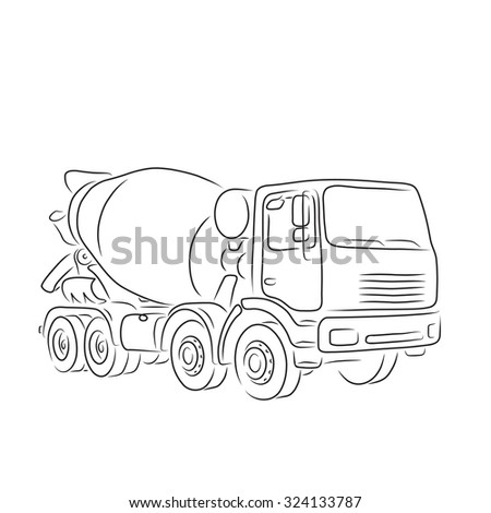 Hand-drawn outline of concrete mixer truck isolated on white background. Art vector illustration for you design