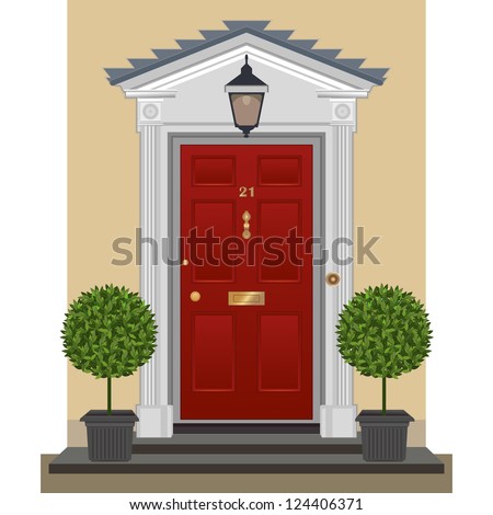 Door. Traditional Georgian Red-Painted Front Door With Lantern And Bay Trees In Planters.