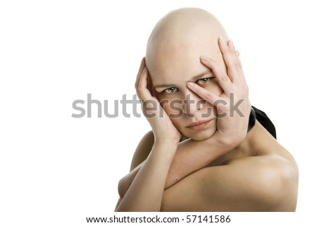 stock photo Close up portrait of completely bald girl with a black ribbon