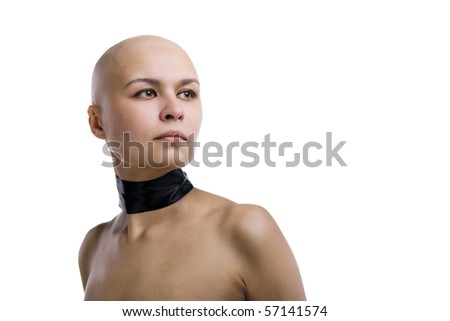 stock photo completely bald girl with a black ribbon on his neck stock photo completely bald girl with a black ribbon on his neck