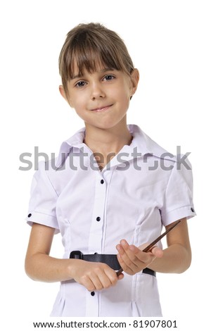 Little teacher in white blouse standing and holding pointer. isolated on a white background