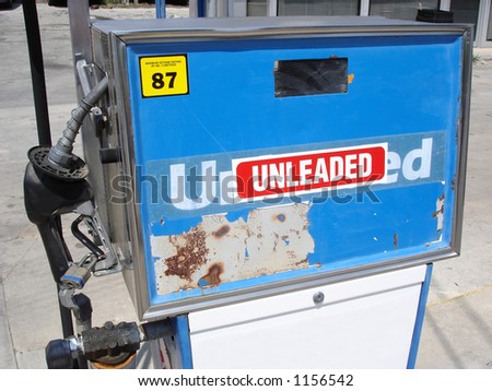 a blue and white unleaded gasoline pump