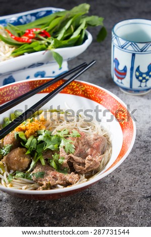 Thai style street food :Noodle soup with beef