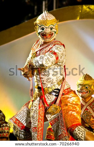 BANGKOK, THAILAND - DECEMBER 5 : Khon - Thai classical masked play on H.M. the king Bhumibol\'s birthday celebration, in dust throne-hall field, December 5, 2010 in Bangkok, Thailand