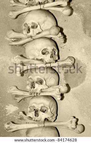 Human skulls and bones in the Ossuary Kostnice at Sedlec near Kutna Hora, Czech Republic.
