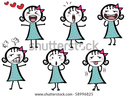 stock photo : a cute cartoon girl with different expressions talking