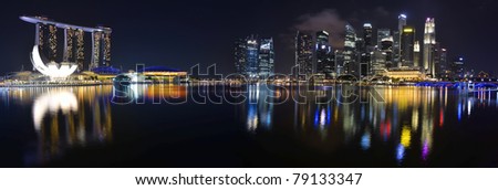 Panorama of Singapore river and skyline at night