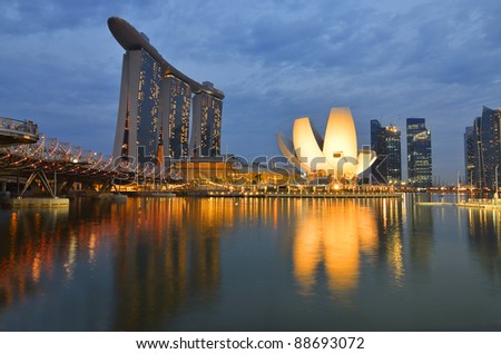 SINGAPORE -NOV 11: The Marina Bay Sands complex on sunset on Nov 11, 2011 in Singapore. Marina Bay Sands is an integrated resort and billed as the world\'s most expensive standalone casino property