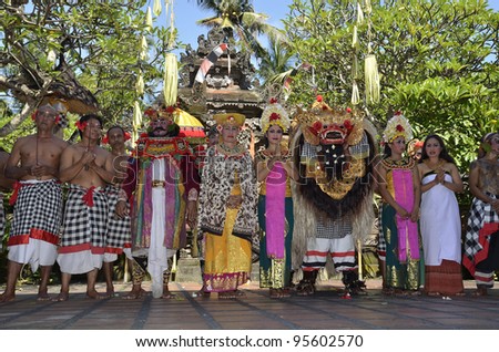 BALI -FEB 14: Barong and Kris Dance performs at Sahadewah, in Batubulan, Gianyar, Bali, Indonesia on February 14, 2012. This famous Barong Play represents an eternal fight between good and bad spirits