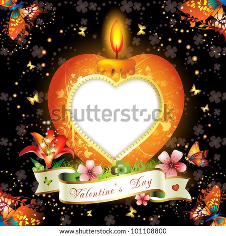 Valentine\'s day card. Red elegant candle with heart shape, gold decorations, flowers, ribbon and space for text