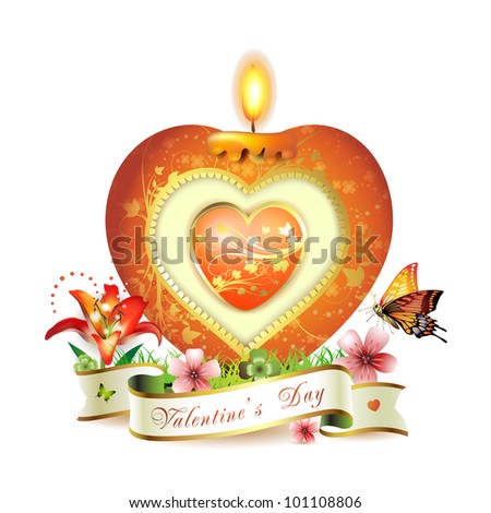 Valentine\'s day card. Red elegant candle with heart shape, gold decorations, flowers and ribbon