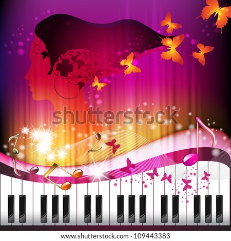 Piano keys with portrait woman, butterflies and stars