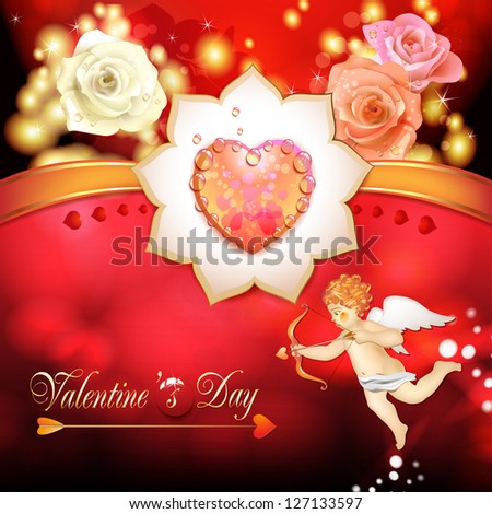 Valentine\'s day card with roses, hearts and cupid