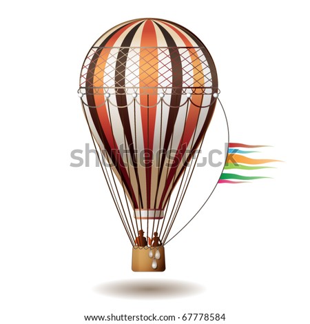 Colorful hot air balloon with silhouettes isolated on white background, vector illustration