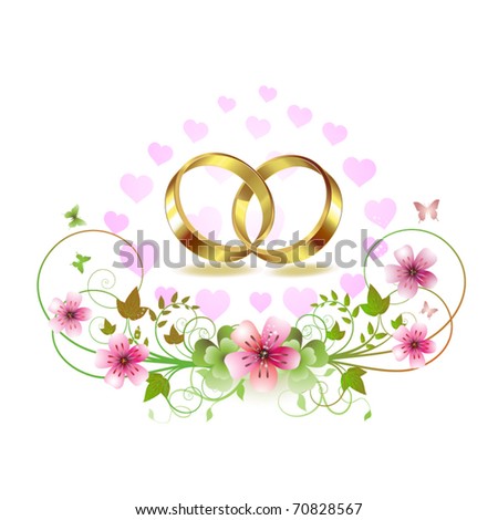 stock vector Two wedding ring with hearts and decorated flowers isolated 