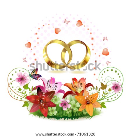 Stock Vector Two Wedding Ring With Hearts And Decorated Flowers Isolated