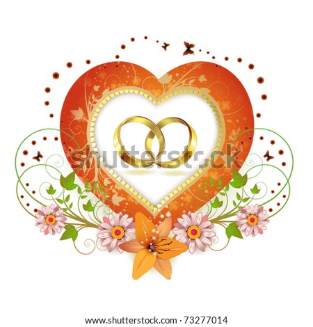 stock vector Frame with shape heart and two wedding ring 