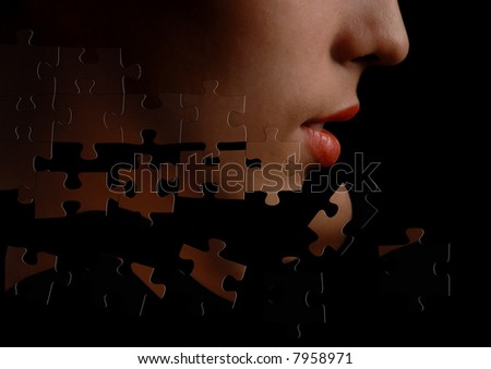 Puzzle effect on the side-view photo of the woman face