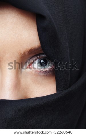 Close-up portrait of the human face covered by religious hijab