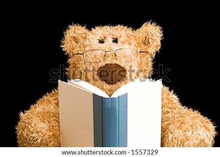 teddy bear with glasses reading a book