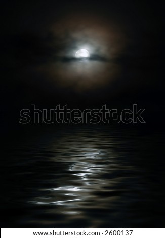moon in clouds above a nightly lake, is a lunar road