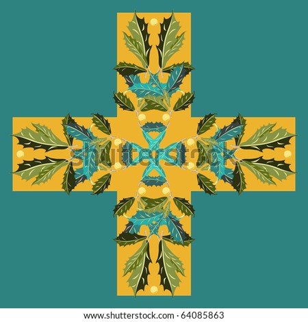 Raster Gold Cross embellished with green and turquoise holly leaves and light gold balls