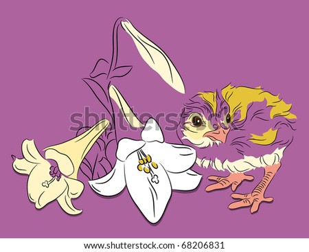 Raster chick with Easter lilies - linear style on purple background