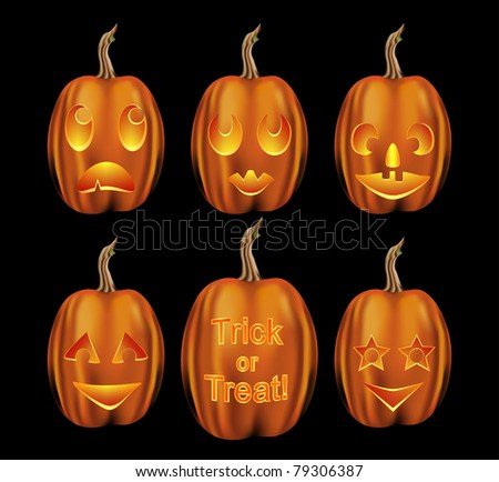Raster Set of halloween pumpkins with various emotional expressions isolated on a black background