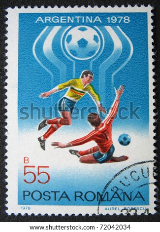 ROMANIA - CIRCA 1978: A stamp printed in Romania showing football in Argentina  (olympic games ), circa 1978