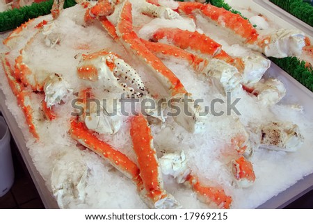 Fresh, Alaskan King Crab Legs on ice at a market