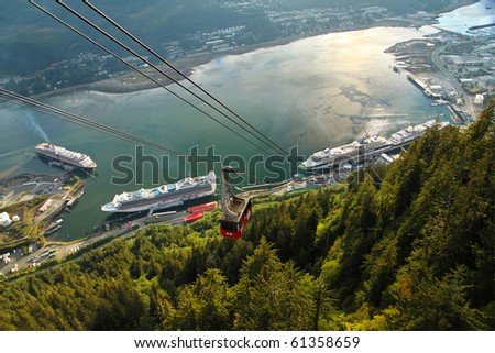 Aerial view of the Juneau, Alaska waterfront and cruise ship dock as seen from the Mount Roberts Tramway.