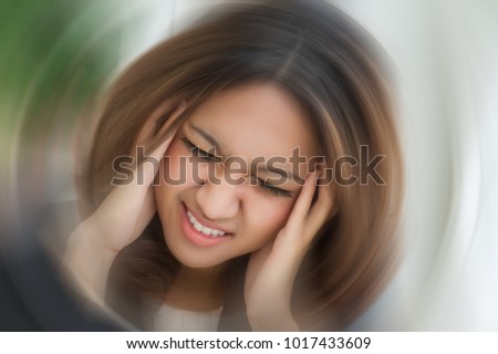 sick woman portrait, stressed girl, dizzy woman, woman with headache suffering from vertigo, dizziness, asian caucasian young adult woman girl female model in sick people medical health care concept