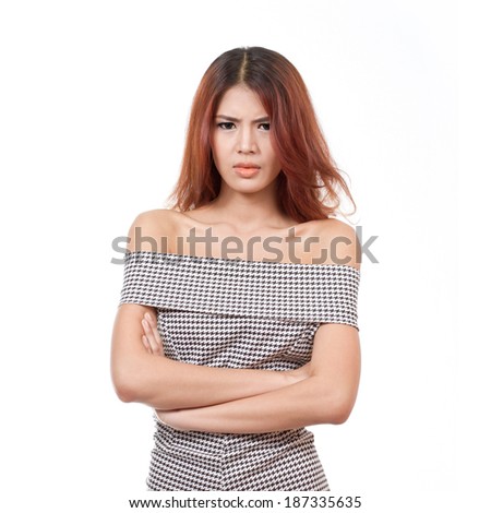 angry woman with unhappy and negative emotion on white isolated background