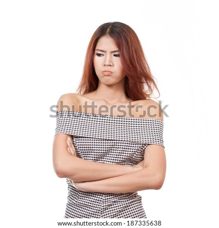 angry woman with unhappy and negative emotion on white isolated background