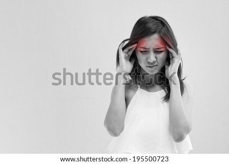 woman with headache migraine stress insomnia hangover with red alert accent woman with headache migraine stress insomnia hangover with red alert accent