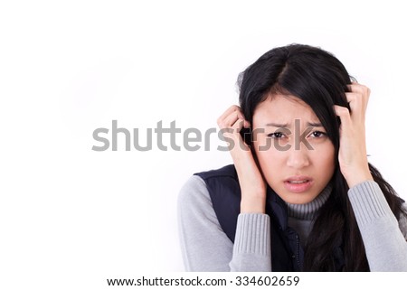 stressed woman suffering from headache, anxiety, migraine, hangover