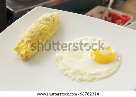 fried egg and omelet on white plate, A concept shot of culinary school, chef training, food for breakfast, cooking, alternative, choice